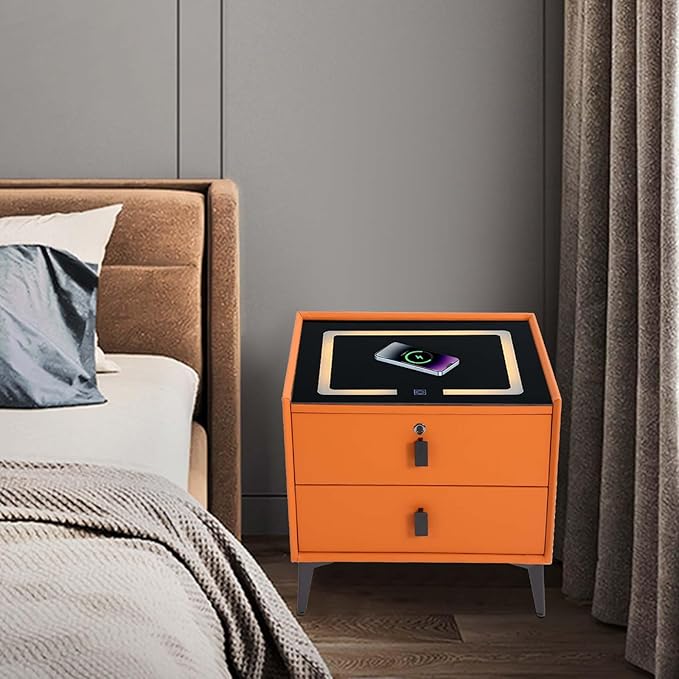 Smart Nightstand w/Fingerprint Lock Drawers, Smart Bedside Table w/USB Charging