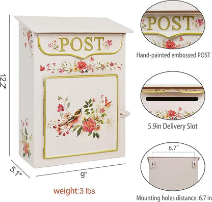 Mailbox Wall Mount Mailboxes for Outside Vintage Mail Boxes for House Outside Metal Drop Box Antique Style Nostalgic Charm Home Decorative, Flower Pattern Pink