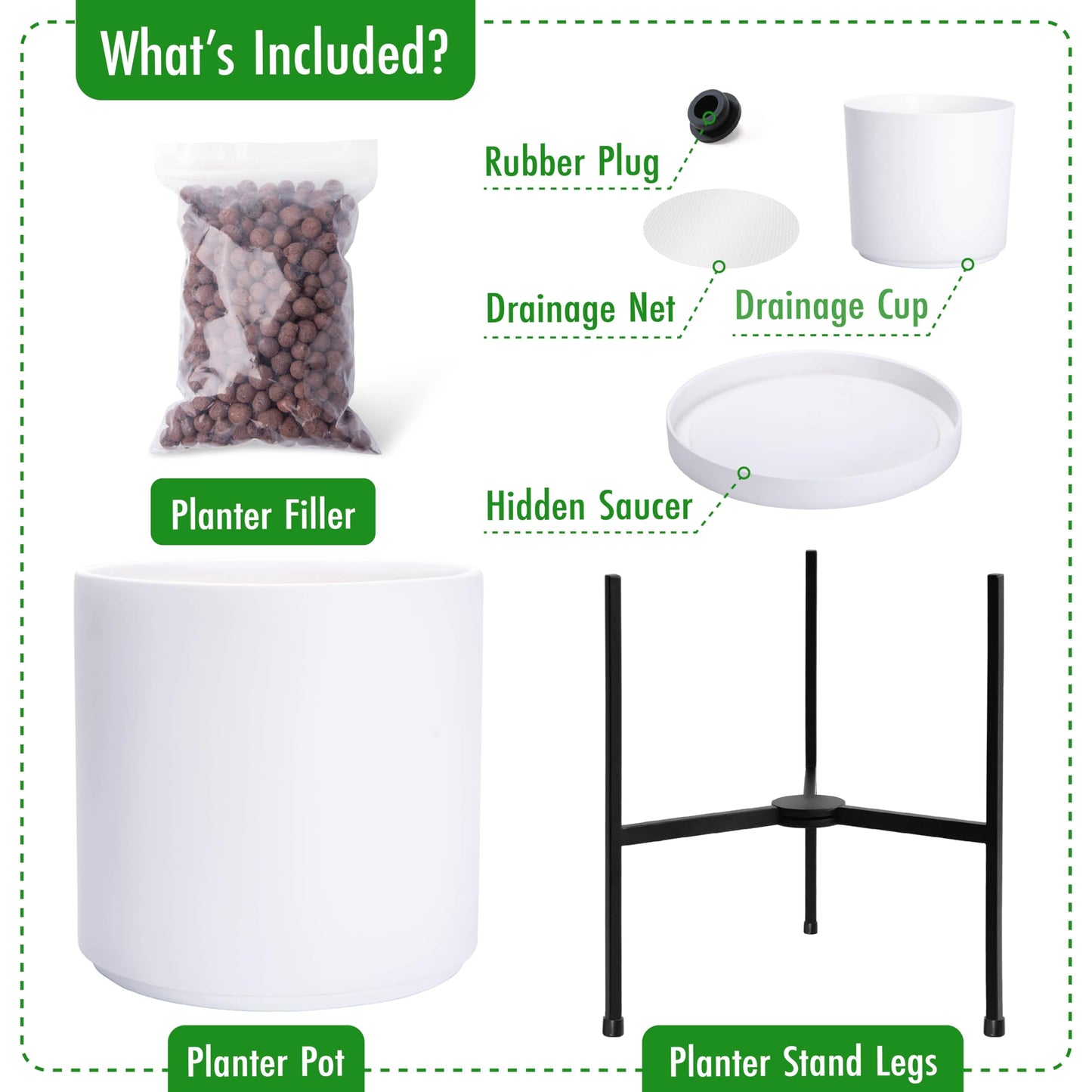 D'vine Dev Modern White Plant Pot Cylinder Planter with Heavy Duty Stand, XX-Large 16 Inch Pot, 22.8 Inch with Stand Height, 96-T-A-5