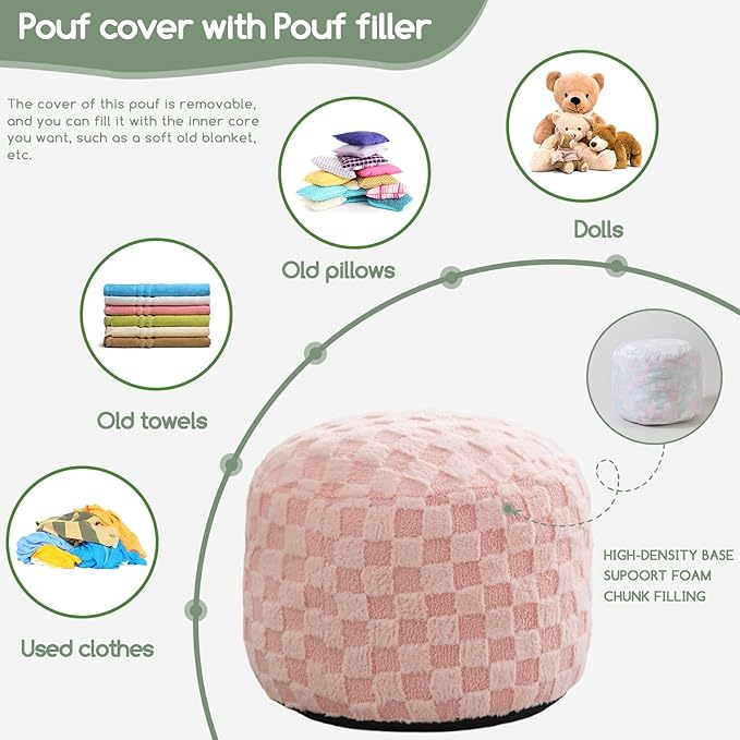 HIGOGOGO Round Stuffed Pouf Ottoman, Plaid Poufs