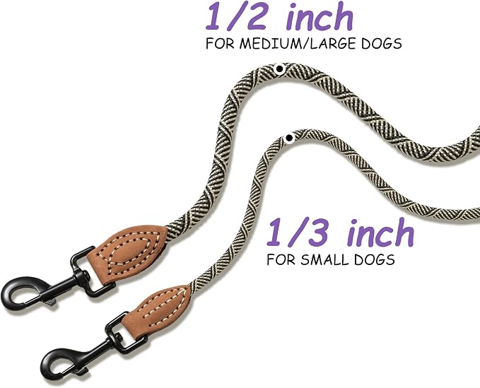 Mile High Life Small Dog Leash, Thin Rope Leash with Genuine Leather Connection and Heavy Duty Metal Clasp, Great for Small Medium Dogs(White,48 Inch-1/3)