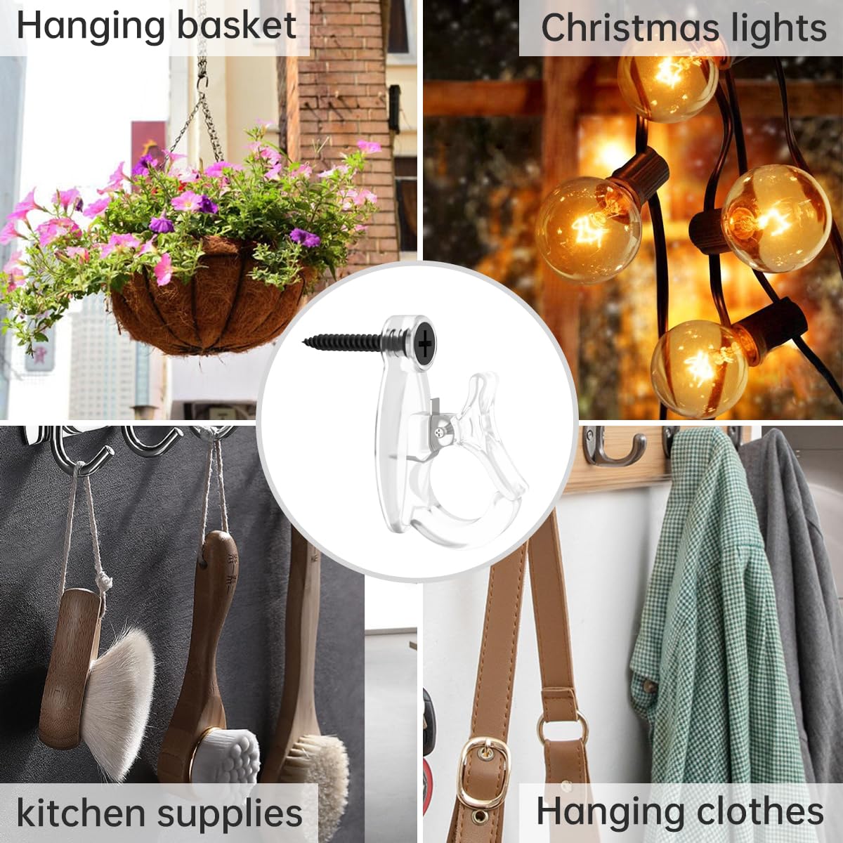 GEZIDEA Light Hanger Hooks, Screw-in Hooks for Hanging String Lights, Wire, Plants, Wind Chimes - Plastic, Clear, 20 Pack