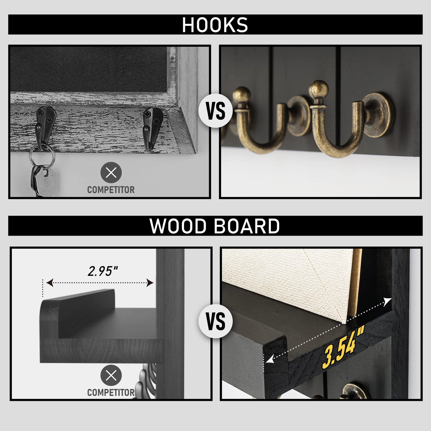 Rebee Vision Farmhouse Key Holder Wall Mount - Modern Key Holder for Living Room and Mail Organizer with Shelf & Hooks for Apartment Essentials - Home Decor Aesthetic (Black, 3.54"D x 10"W x 7.28"H)