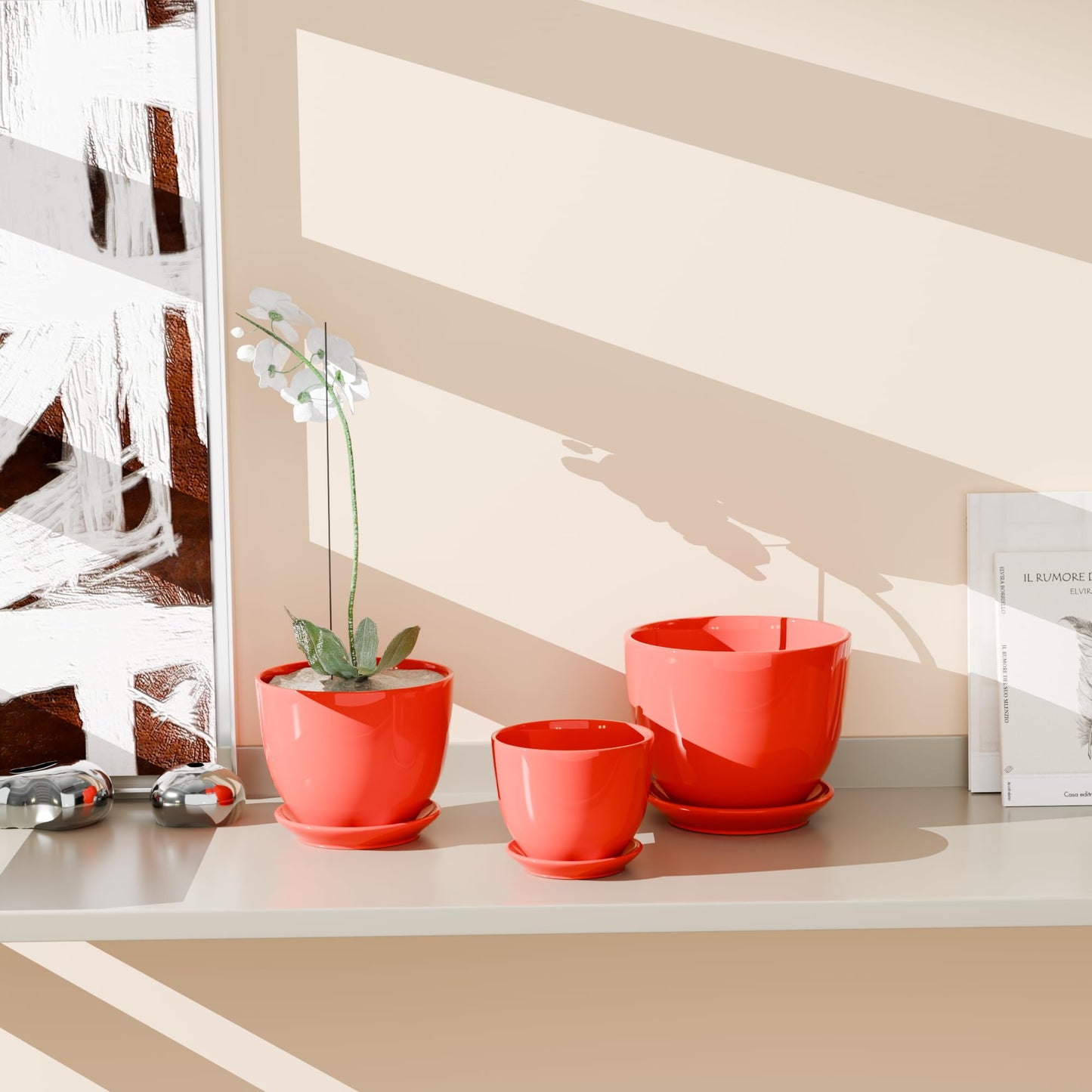 Ceramic Plant Pots - 4"/5"/6" Inch Red Planters Set of 3 with Drainage Holes and Saucer - Indoor Flower Pots for Plants Ceramic Planters for Indoor Gardening Succulent Pots(Red)