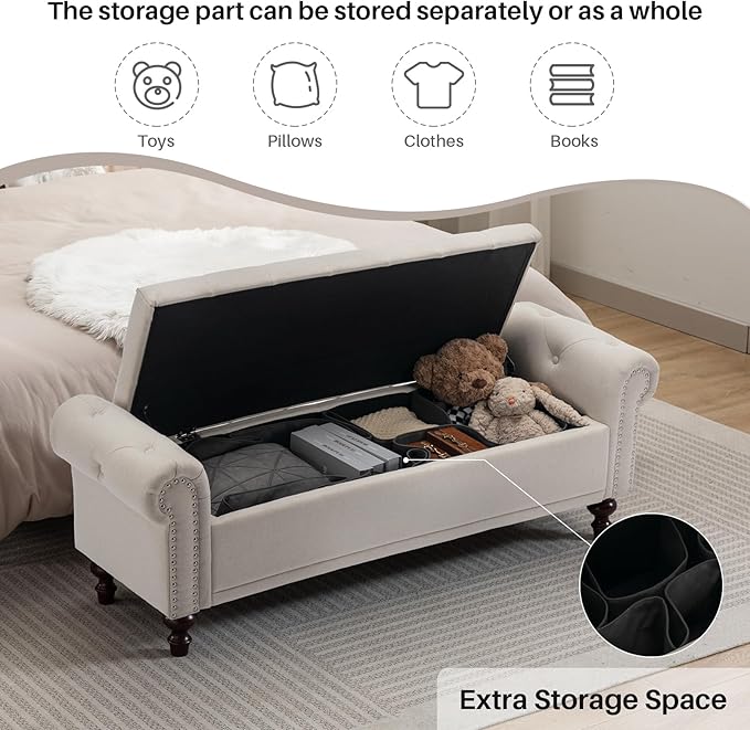 SOFTHION 58.1" Storage Bench Upholstered Linen End of Bedroom Bed Bench Ottoman