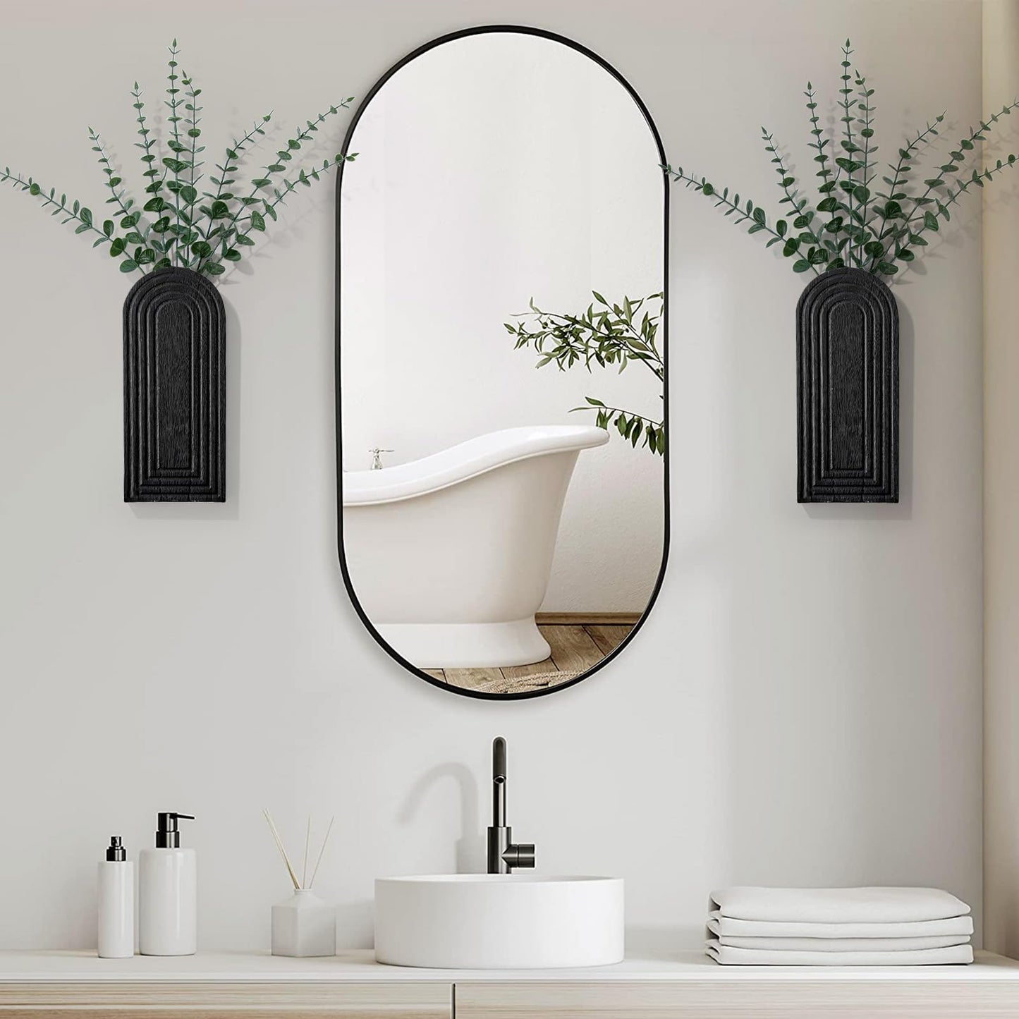 Wooden Wall Art Decor: Wall Vases for Indoor Artificial Plants & Flowers, Wood Wall Hanging Planters for Home Decor - Bathroom, Living Room, Bedroom, Patio (Black)