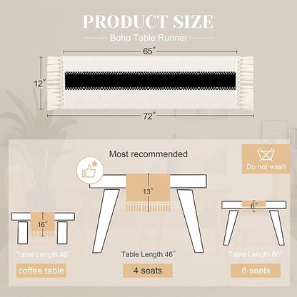 FEXIA Boho Table Runner for Summer Home Decor with Tassels 72 Inches Long Farmhouse Rustic Black Gothic Table Runner Macrame Gothic Burlap Table Decoration for Kitchen Living Room (12x72 Inches)