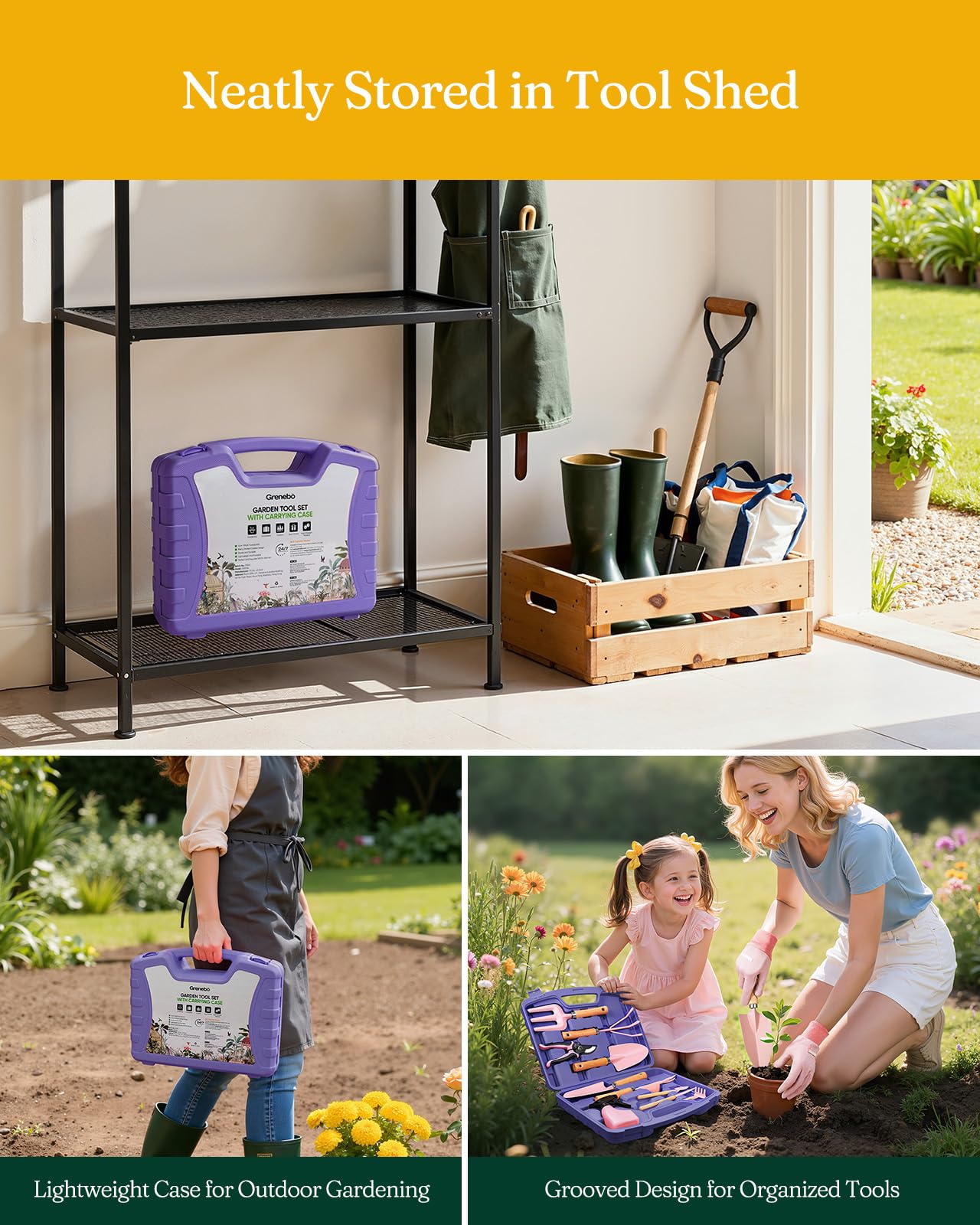 Grenebo 12-Piece Womens Gardening Tools Gift Set, Rust-Proof & Heavy-Duty Garden Tools with Durable Carrying Case, Fashionable & Thoughtful Gardening Gifts for Women&Men (Purple-Pink)