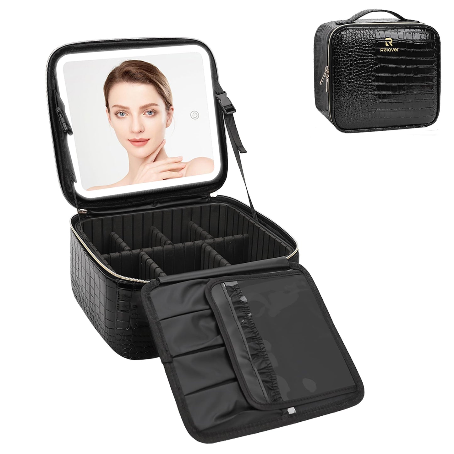 Relavel Travel Makeup Bag With LED Mirror, Cosmetic Train Case with Light up Mirror, Portable Makeup Artist Organizer Bag with Adjustable Dividers, Makeup Brush Holder Storage, Black
