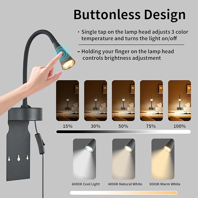 Black Headboard Reading Light, No Drilling Wall Mounted Reading Lights for Bedside, Book Light for Bedtime Reading, Buttonless Dimmable Reading Lamp, Movable Gooseneck Reading Sconces for Bedroom