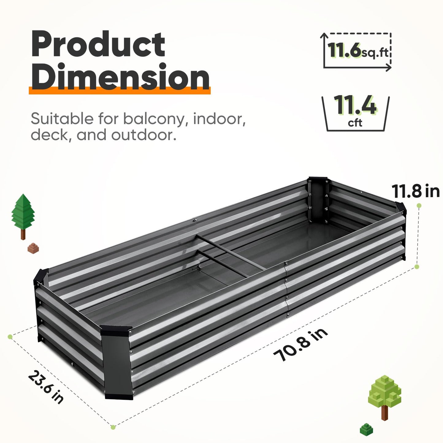 KING BIRD Raised Garden Bed Kit with Bottom 2025 Upgraded Galvanized Planter Garden Box Outdoor & Indoor for Gardening, Vegetables, Flowers, Dark Grey, 70.8x23.6x11.8 in