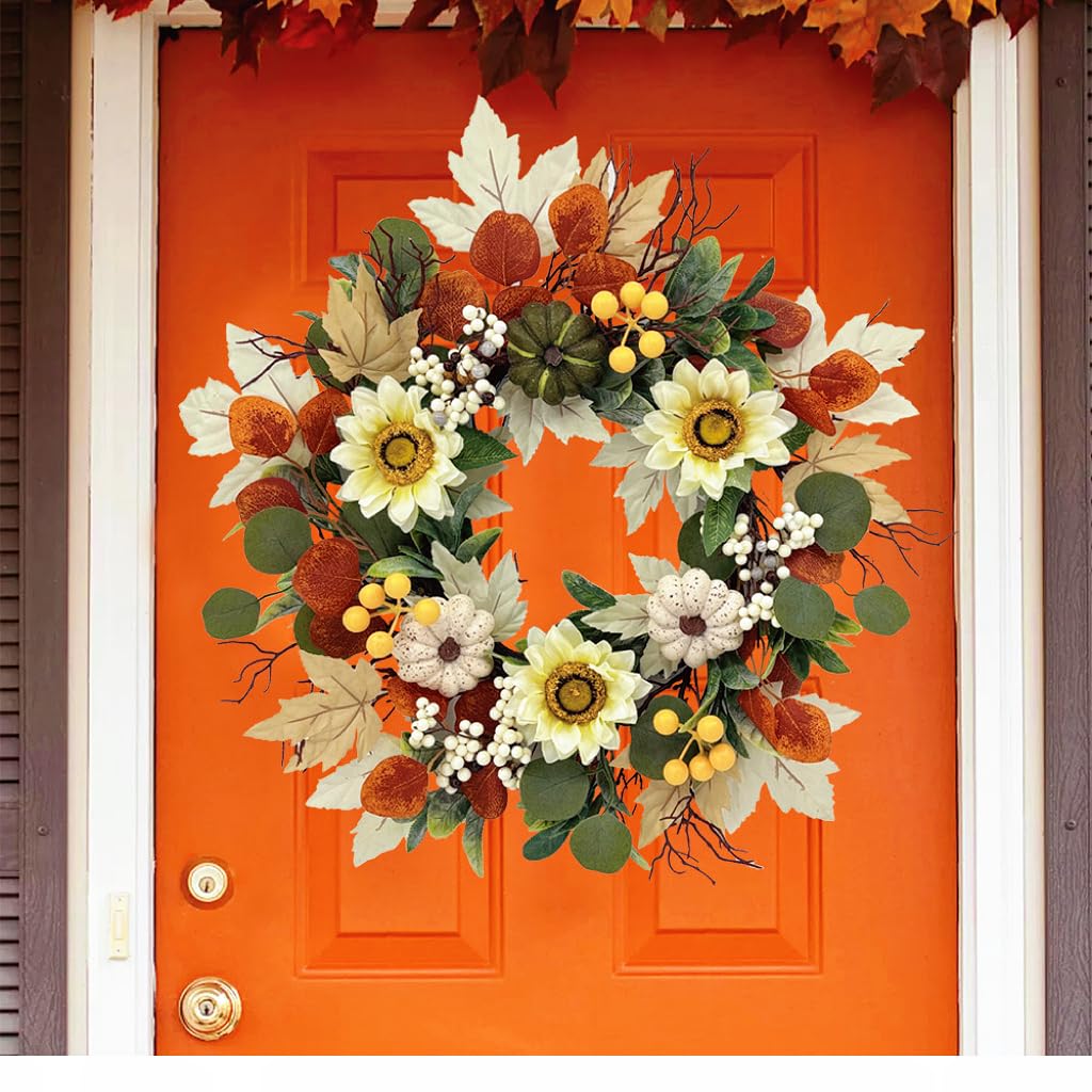 20 Inch Fall Sunflower Wreath for Front Door, Artificial Autumn Wreath with Pumpkins, Berries, White Sunflowers and Silk Leaves for Thanksgiving Farmhouse Home Window Wall Office Indoor Outdoor Decor