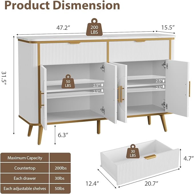 47.2" Buffet Storage Cabinet, Modern Fluted Coffee Bar Station