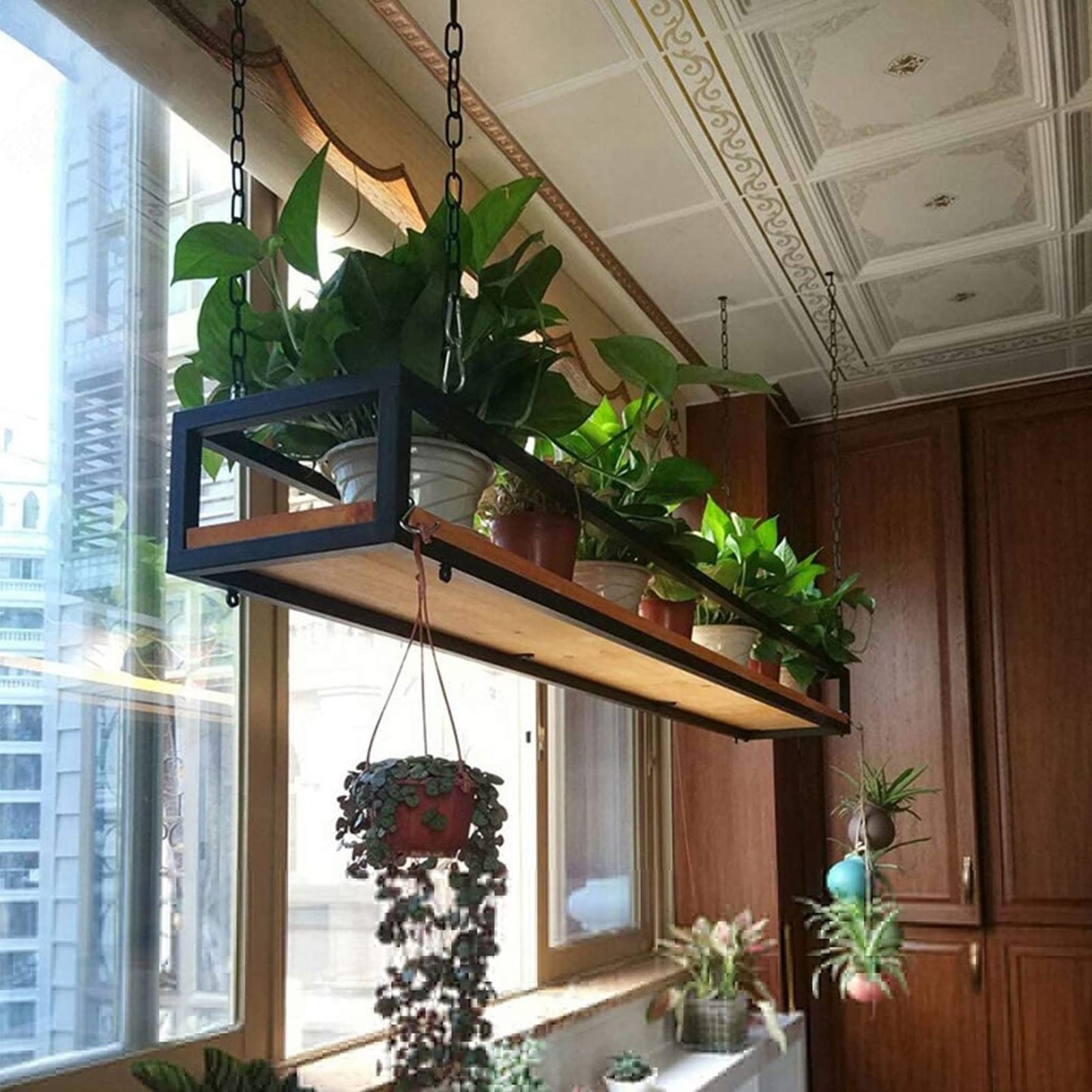Hanging Flower Pot Display Rack - Adjustable Ceiling Stand for Plants, Wooden & Metal Frame Railing Shelf, Perfect for Bar, Patio, Garden, Balcony (Size: 60x25x15)