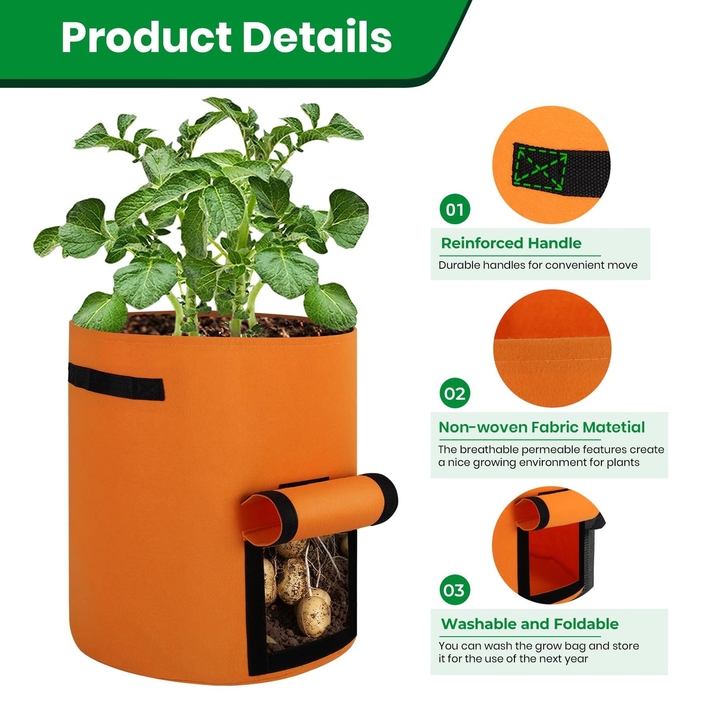 6 Pack Potato Grow Bags, 10 Gallon Planting Bags Large Fabric Pots with Flap Window Vegetable Planter Garden Pot Tall Potato Growing Containers with Handles for Vegetables, Fruits and More, Orange