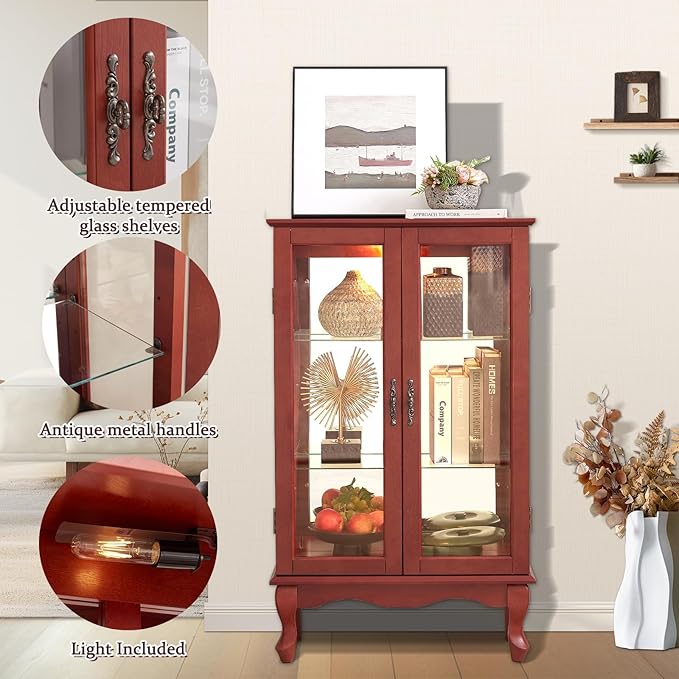 Curio Cabinet With Lighted Tall Leg Glass Door, Antique Display With Mirrored