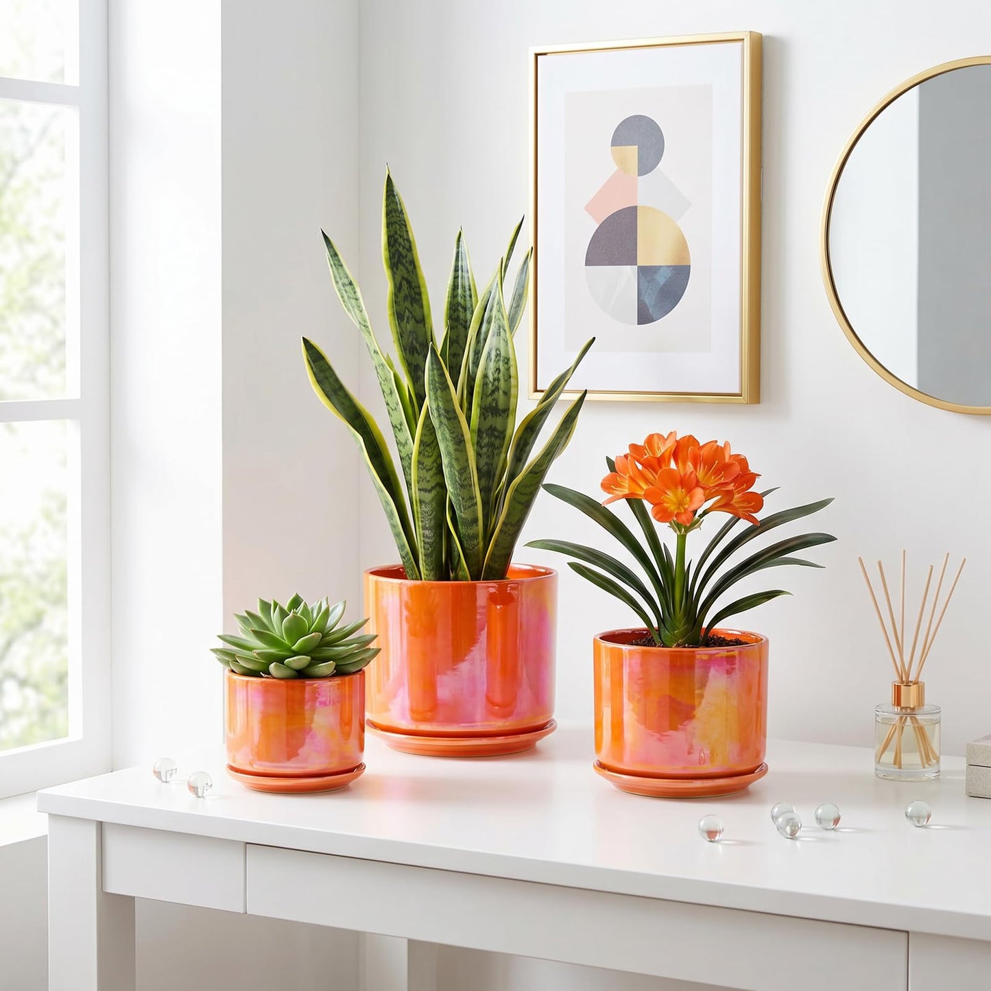 EFISPSS Ceramic Plant Pots,4+5+6 Inch Ceramic Indoor Pots for Plants with Drainage Hole,for Succulent Cactus,Pothos,Snake Plant Gift for Plant Lovers Set of 3 - Orange Pearl Glaze Plant Pots