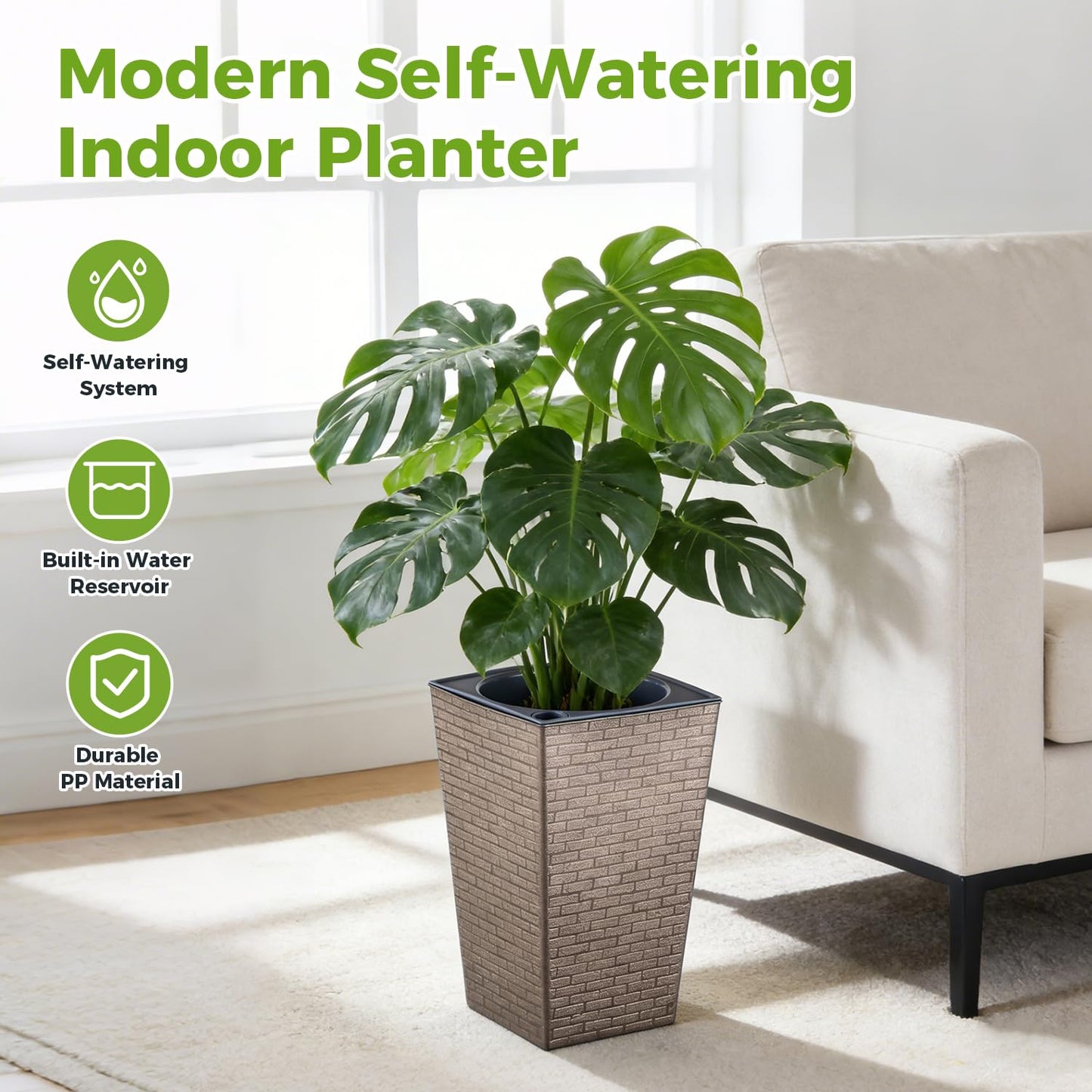 Self Watering Pots for Indoor Plants, 2 Pack Flower Pots Self Watering Planter 10.7" x 6.9" Plastic Pots African Violet Wick and Grow Pots Tall Orchid pots Square Large Plant Pots, Bronze