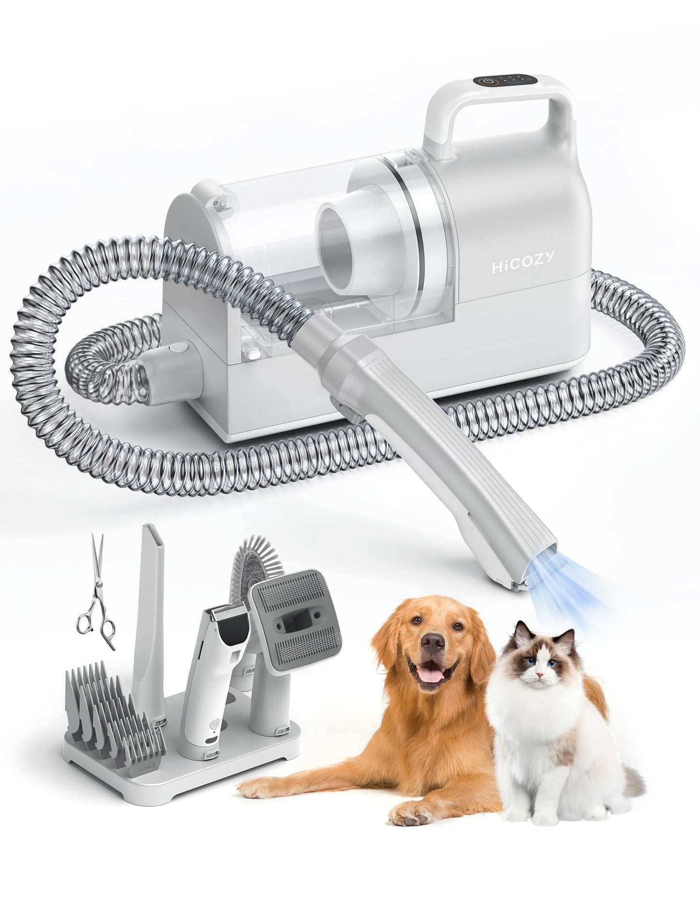 Hicozy S1+ Dog Grooming Vacuum, 12000Pa Minimum 50dB Quiet Dog Vacuum for Shedding Grooming with 2L Dust Cup, 6 Professional Pet Accessories with Clippers, Gray