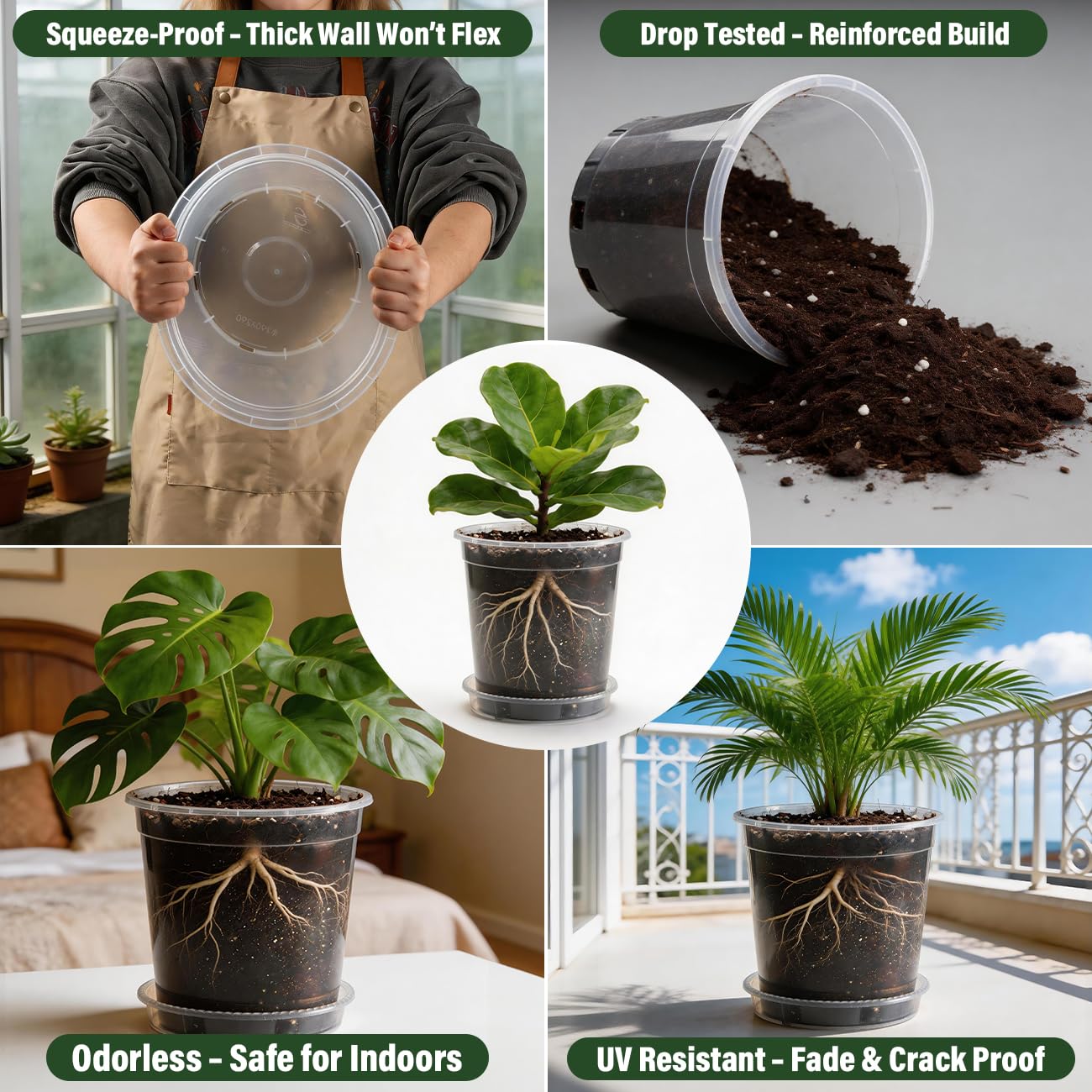 BTPLASTIK 1/2/3/5 Gallon Clear Nursery Pots with Saucers 4 Size Set 12P, Round Plastic Plant Pots with Drainage Holes