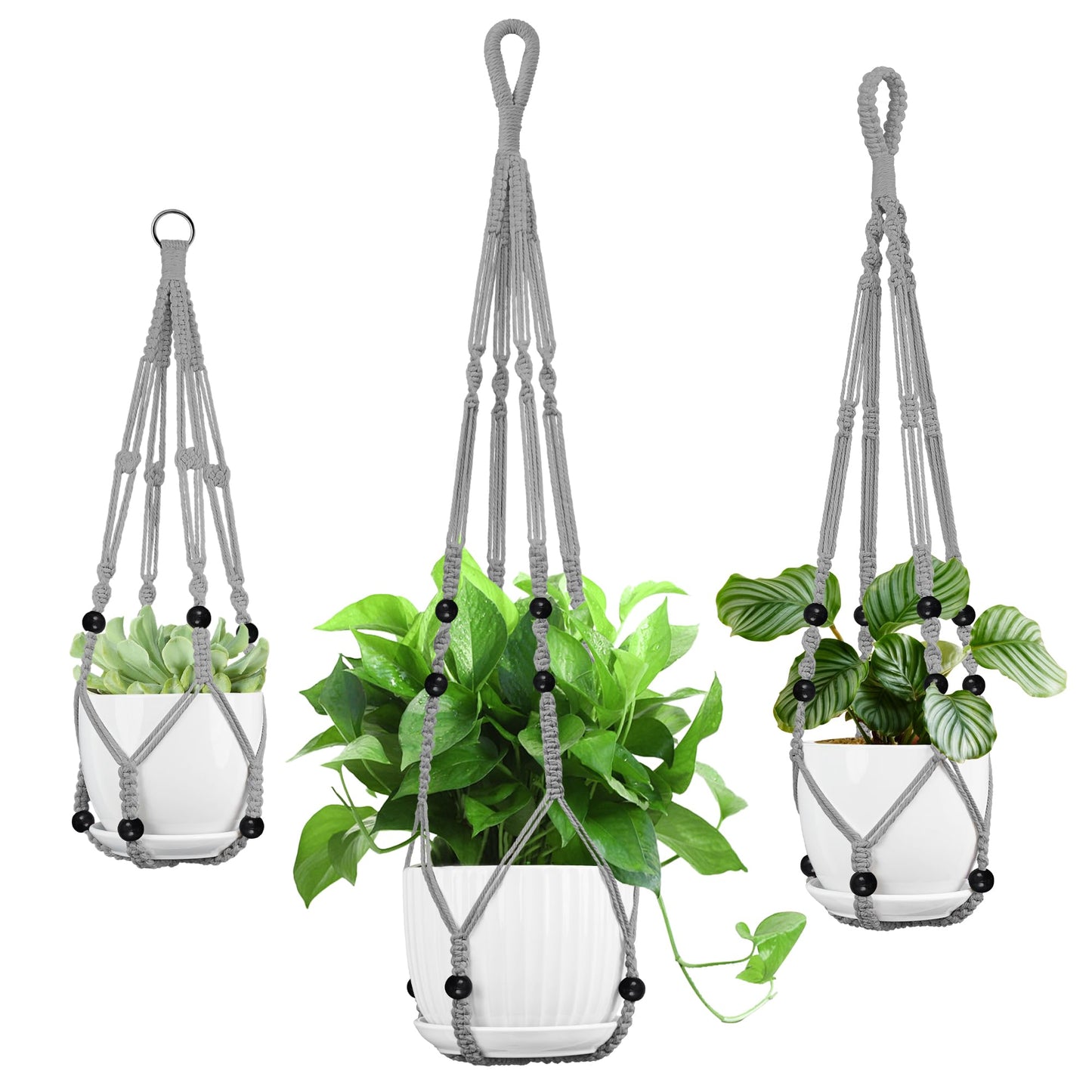 IDEEEPAN Macrame Plant Hanger - Fits 4 to 13 inches Pots for Indoor Outdoor, 35"/29"/23" Different Sizes Set, Gray (POTS NOT Included)