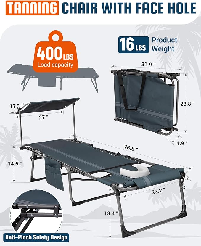 KingCamp Lounge Chair with face Hole & Canopy Shade, 400LBS Folding Portable