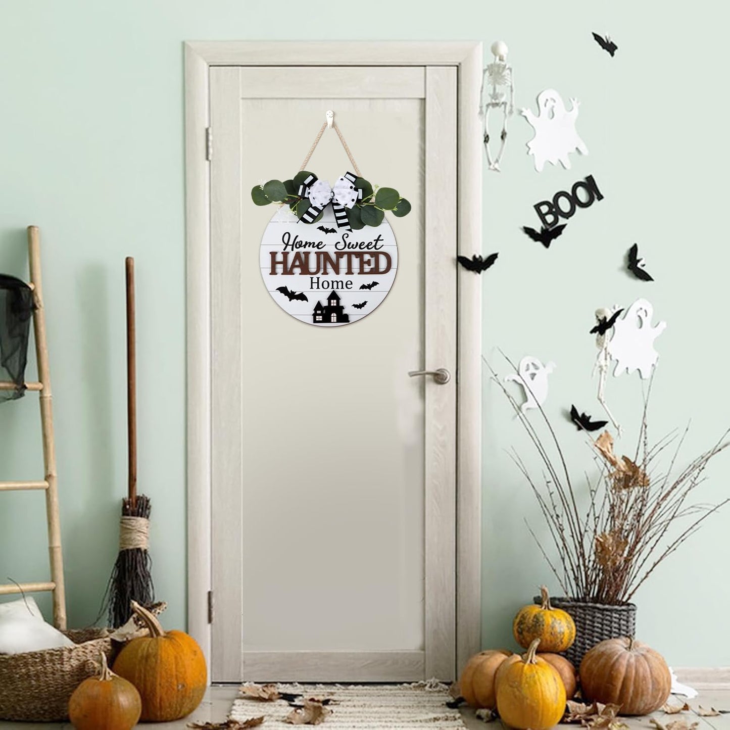 HOURIA Happy Halloween Wreaths Wooden Sign (11.4”x11.4”),3D Home Sweet Haunted Home Door Sign,Rustic Halloween Themed Castle Bat Wall Hanging Sign for Front Door Party Farmhouse Office