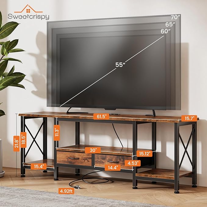 DUMOS 63” TV Stand with Power Outlets, Entertainment Center