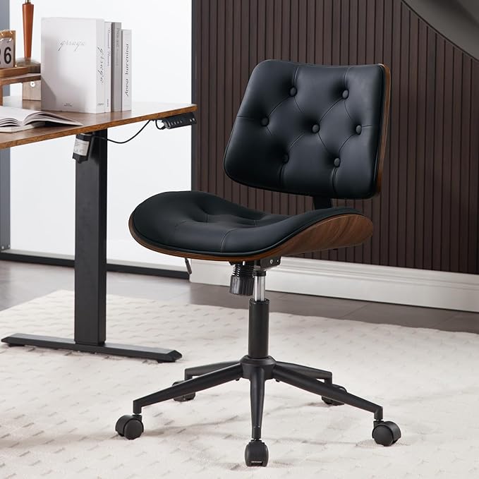Armless Home Office Chair with Wheels, PU Leather Adjustable Height Computer