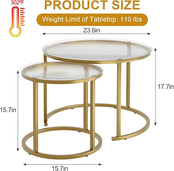 aboxoo Nesting Coffee Table Set of 2, Small Round Glass Nesting Tables