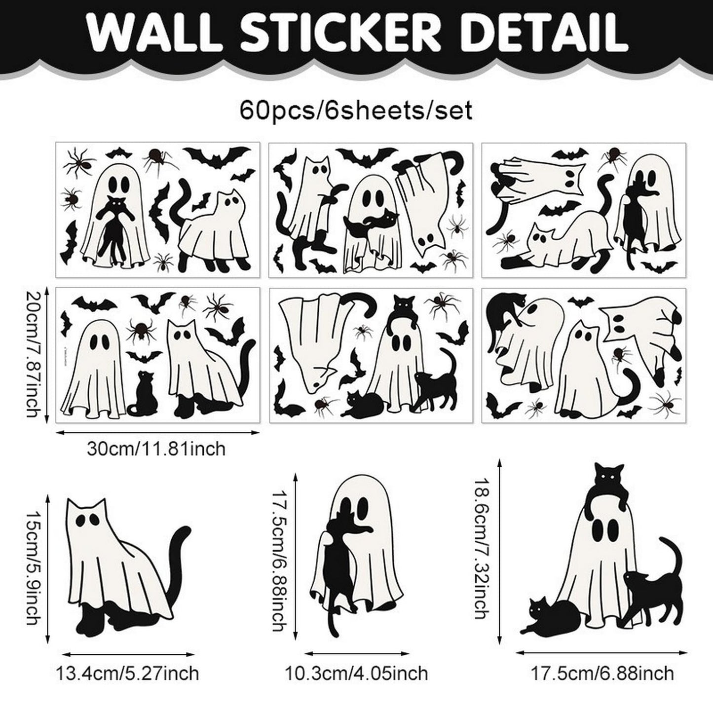 6 Sheets Halloween Window Clings Ghost Window Stickers Halloween Cute Black Cat Bat Designs Double-Side Glass Decals for Home Office Party Favor Windows Glass Decoration Supplies