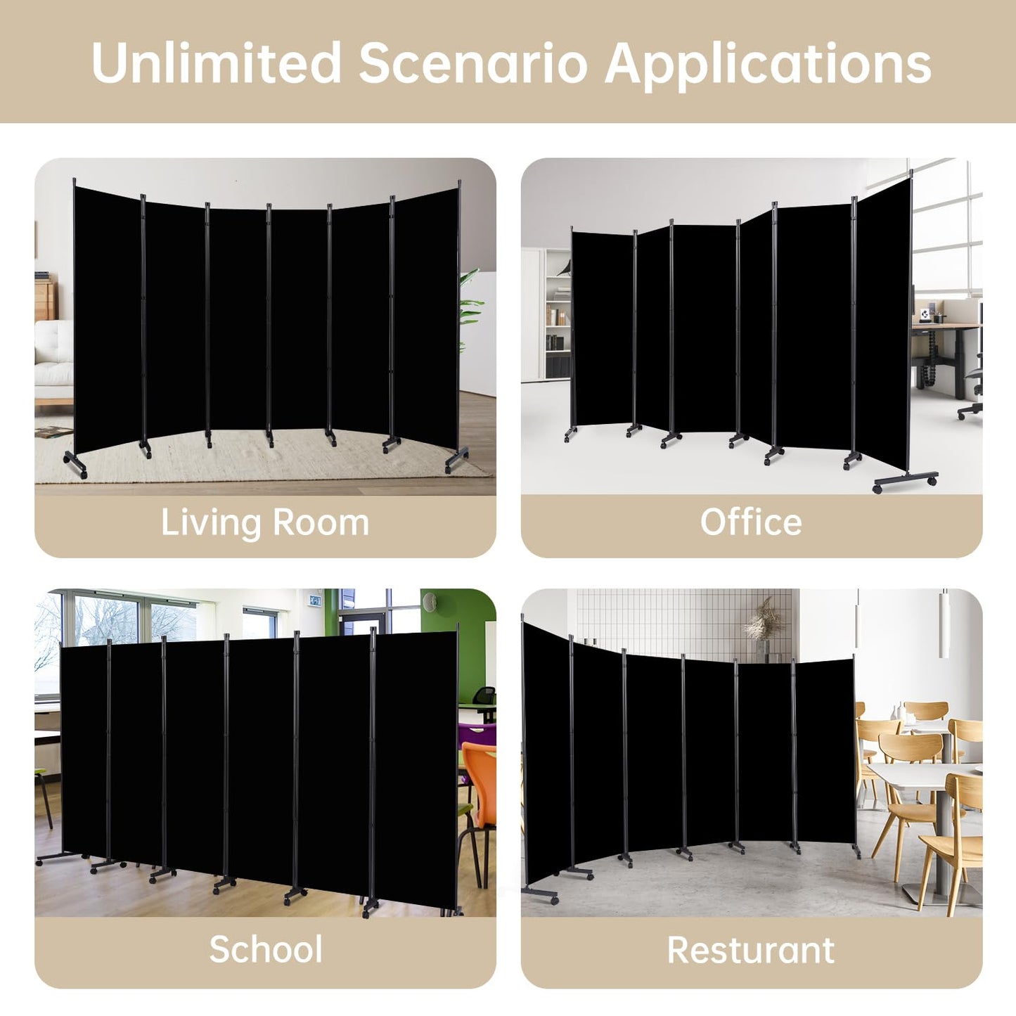 Room Divider Large 6 Panel Privacy Screen,Portable Room Partition on Wheels