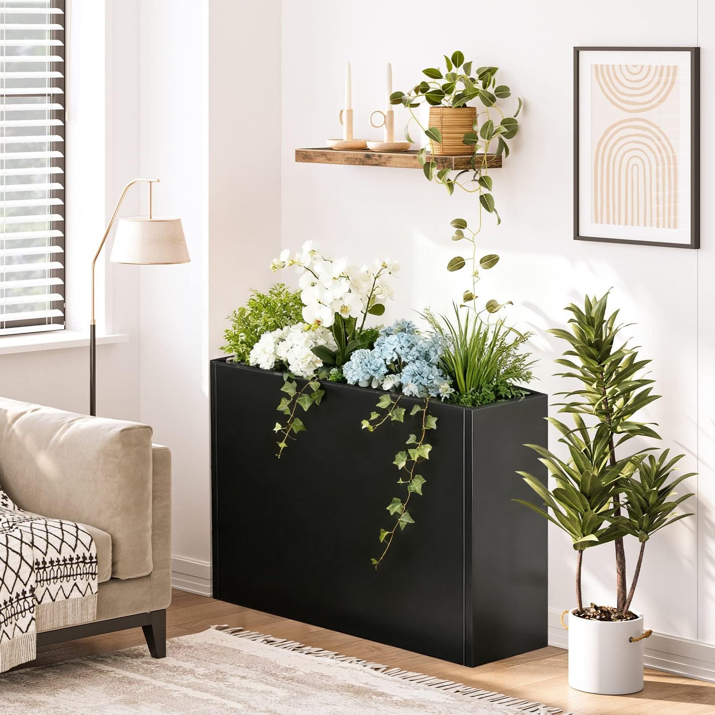 Nessxa Metal Planter Box for Outdoor Plants 38" L x 13" W x 30" H, Heavy Duty Steel Large Rectangular Planter Box with Removable Insert Shelf, Modern Décor for Tall Plants, Trees, Flowers (Black)