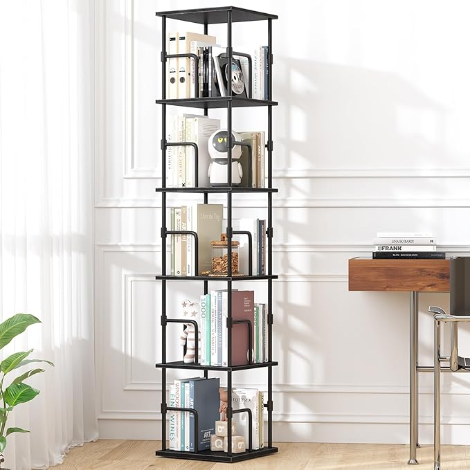 5-Tier Rotating Bookshelf, Freestanding Corner Bookshelf Industrial Style