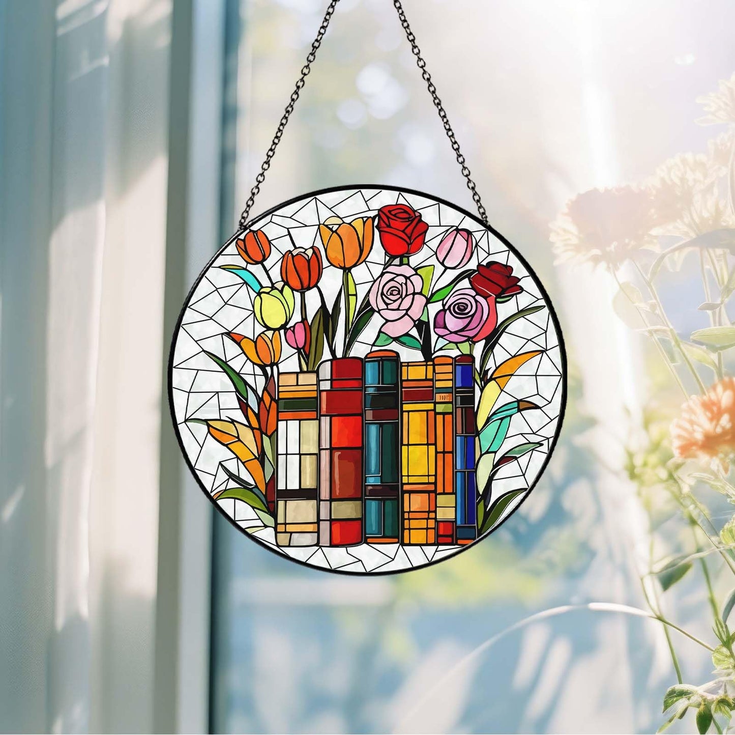 RVEAFA Flower Book Stained Glass Window Hanging 9.8'' Sun Catcher Book Club Lover Gifts for Women Reading Room Decor Handmade SunCatcher Decoration for Garden Home Bookish Library Decor