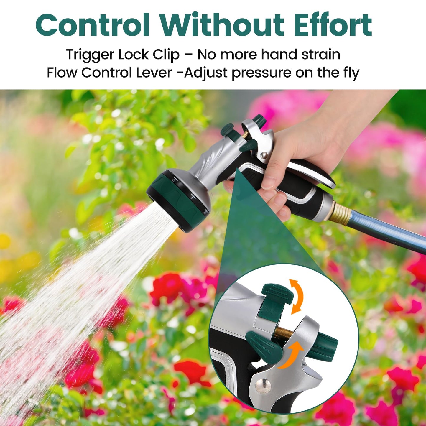 Seatern Garden Hose Nozzle, Heavy Duty Metal Water Hose Sprayer Nozzle with 8 Spray Patterns, High Pressure Handheld Nozzle with Flow Control for Lawn & Plant Watering, Car Washing – Forest Green