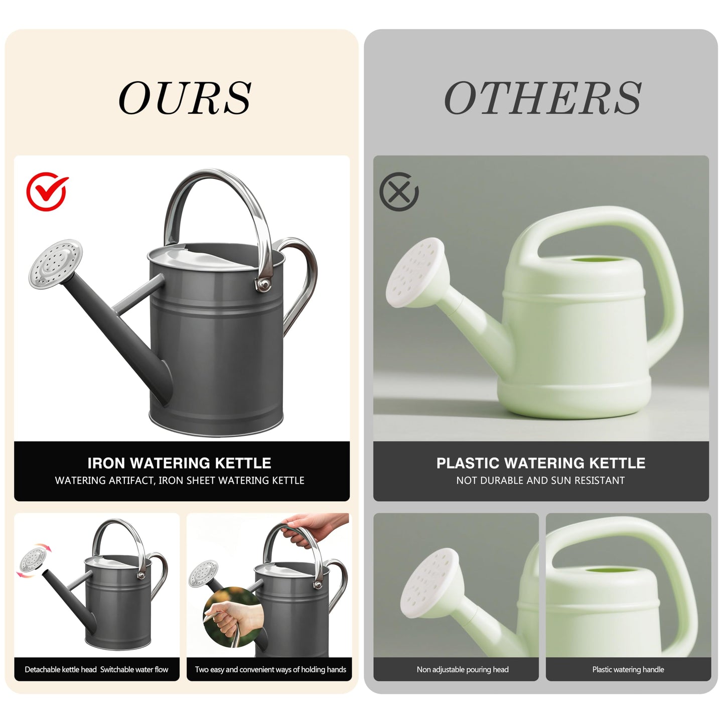 SunnyTong Metal Watering Can for Outdoor and Indoor Plants, Watering Can Decor, 1 Gallon (Gray)