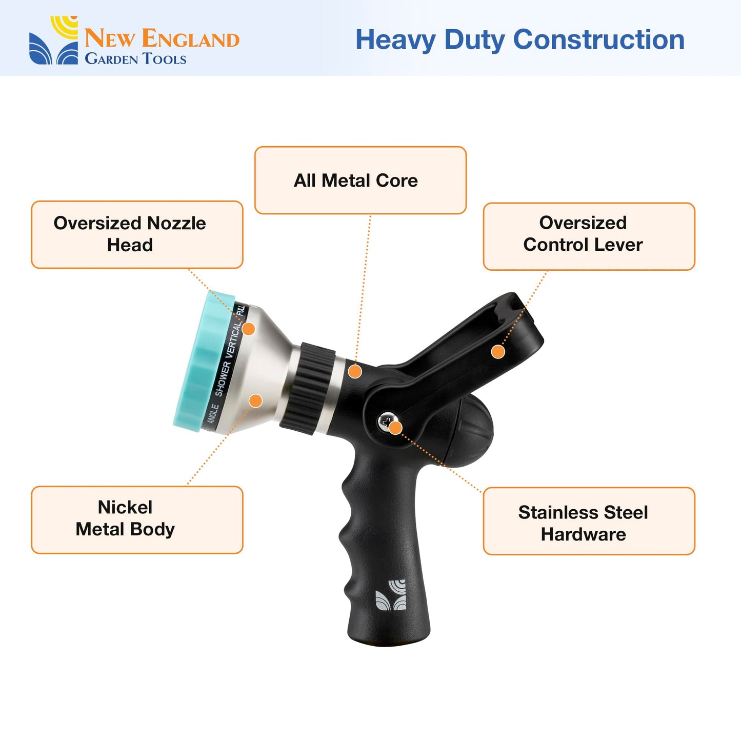 Heavy Duty Metal 10-Pattern Fireman’s Hose Nozzle 500003 with Lever Control and Comfort Grip, High Pressure Hose Sprayer, by New England Garden Tools for Watering Plants & Yards, Washing Pets & Cars