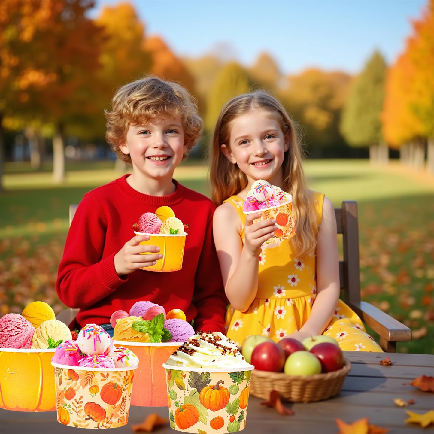 HOWAF 24pcs Fall Party Treat Snack Cups, Autumn Pumpkin Disposable Paper Cup Dessert Ice Cream Bowls for Happy Fall Y’all Party Supplies, Fall Leaves Maple Leaf Pumpkins Ice Cream Cups
