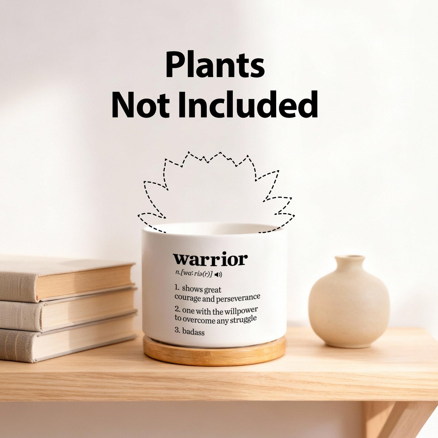 Warrior Definition Inspirational Gifts Ceramic Succulent Plant Pot with Bamboo Tray Round Motivational Encouragement Gifts Cancer Survivor Sobriety Home Decor Plant Lover 3.5 Inch White (No Plants)