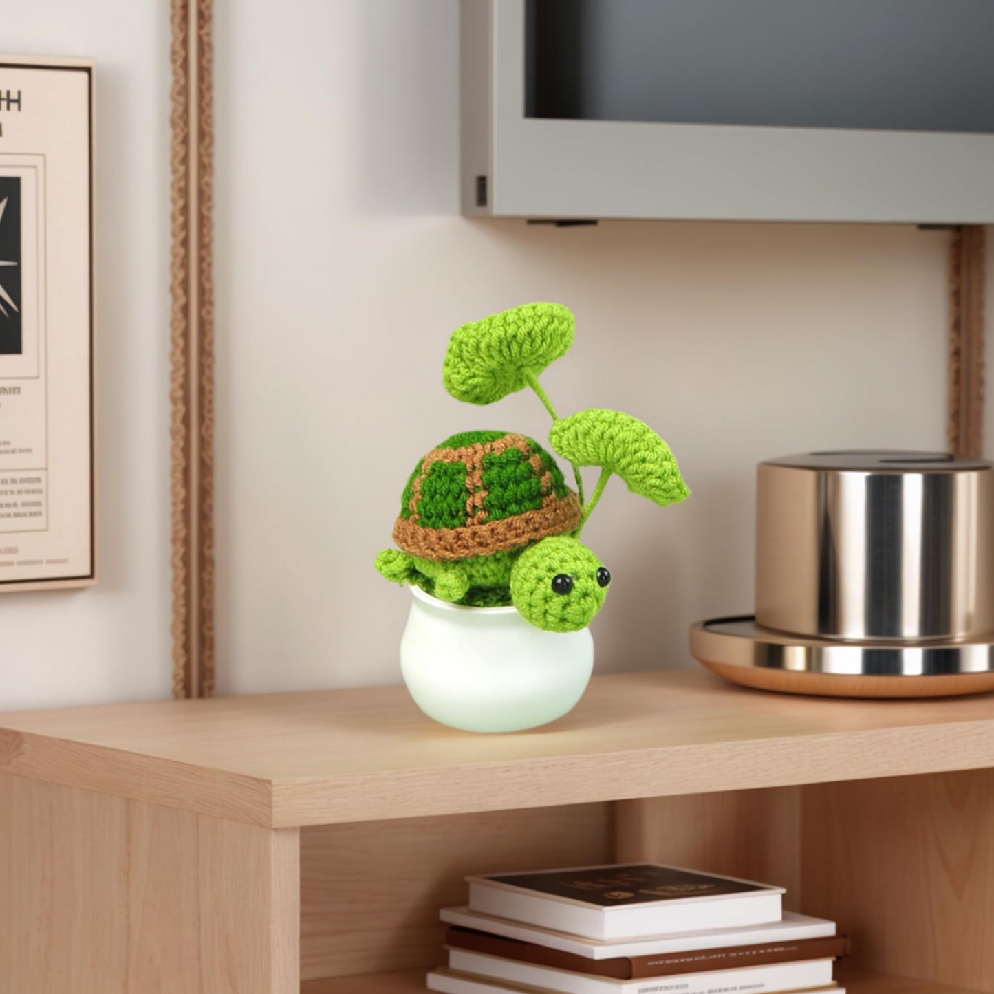 Joygoodta Crochet Turtle in Pot, 4.7in Adorable Crochet Plants Decor, Cute Green Turtle Planter with Leaf, Unique Home Desk Decoration for Plant & Animal Lovers