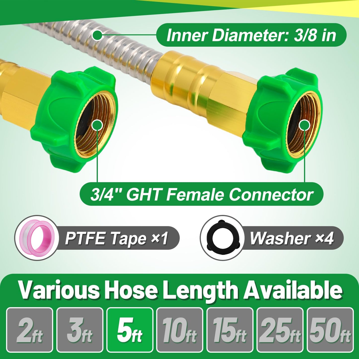 Short Garden Hose with Female to Female Connector, 5ft Metal Leakproof Leader Hose for Hose Reel, Heavy Duty 304 Stainless Steel Flexible Hose for Outdoor Garden Watering Car Pet Cleaning