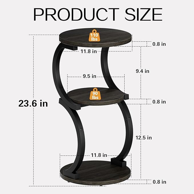 JUSTOGO Small Round Side Table, 3-Tier End Table
