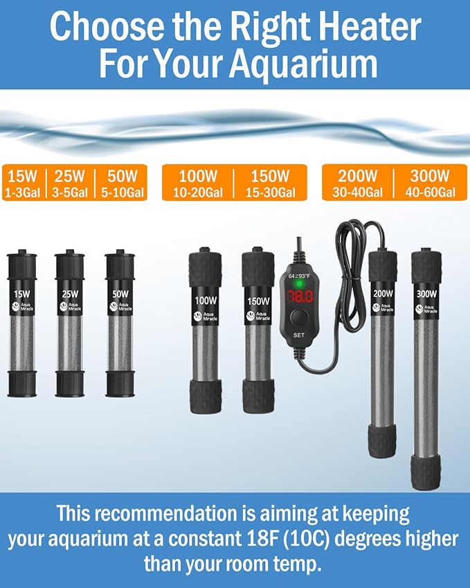 AquaMiracle Aquarium Heater 50W Fish Tank Heater for 5-10 Gal Tanks, LED Digital Display Thermostat Turtle Heater with Out-of-Water Auto Shut-Off, Overheat Protection & Memory Function
