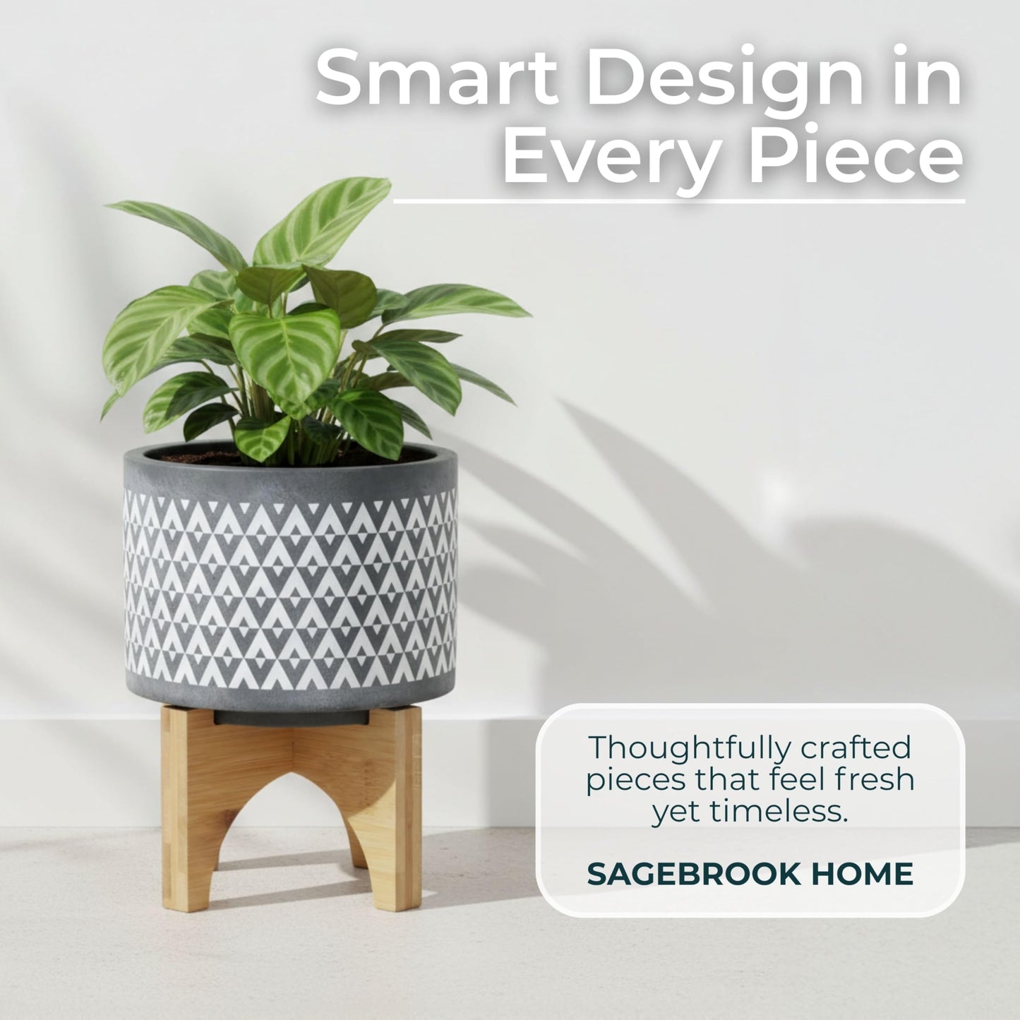 Aztec Decorative Planter Pot on Wooden Stand – Ceramic Stoneware Outdoor & Indoor Plant Pot with Gray Geometric Pattern – Modern Garden & Home Decor Ceramic Planters – 6", Gray