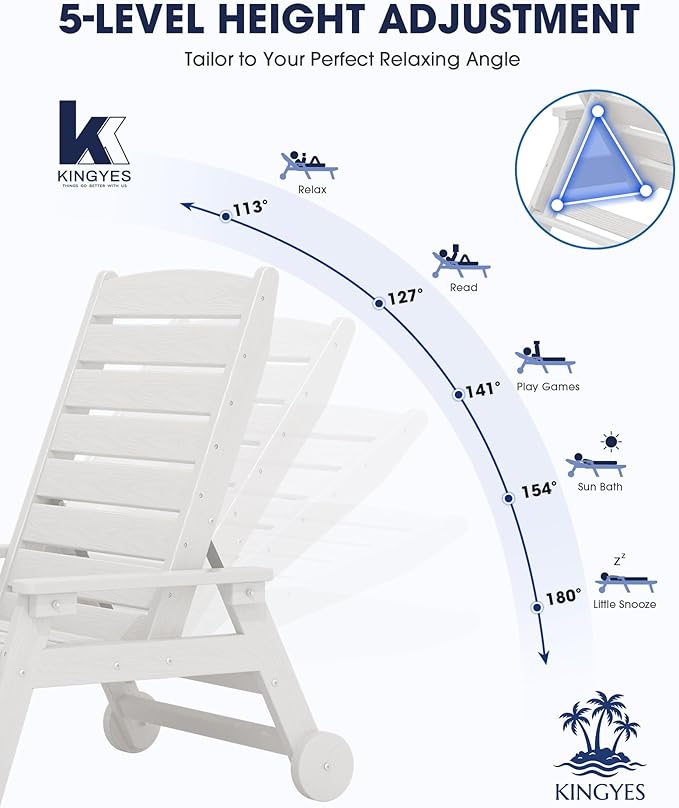 KINGYES HDPE Lounge Chair Outdoor, Patio Chaise Lounge Recliner
