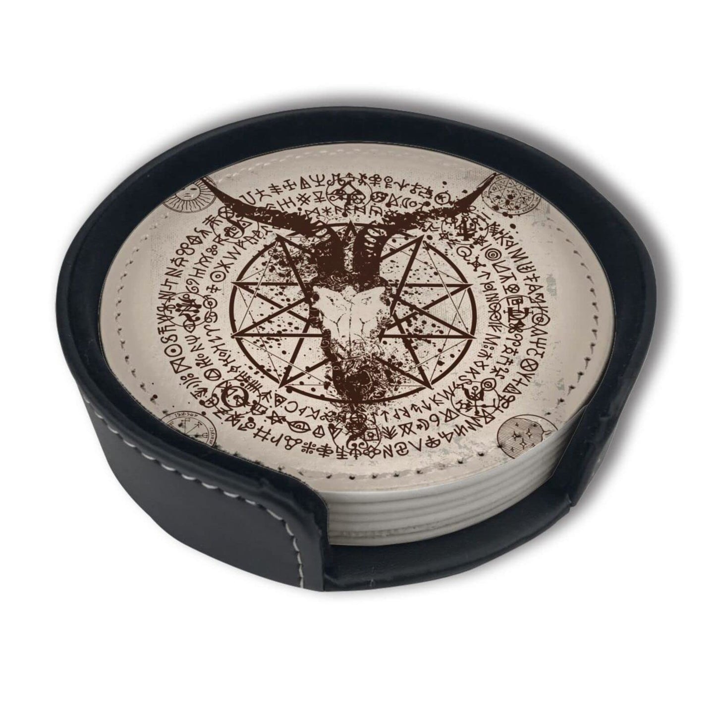 Satan Goat Skull Coasters for Drinks with Holder Leather Coasters Set of 6 for Coffee Table