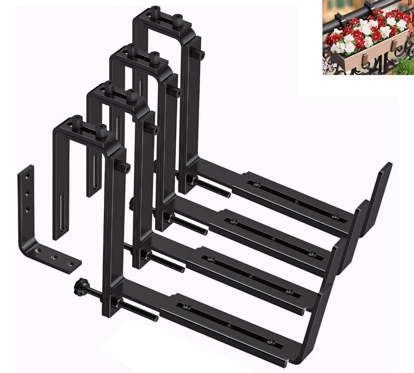 Y&M Window Box Brackets, Heavy Duty Iron Adjustable Planter Flower Box Brackets for Railings, Perfect for Balconies, Fences, and Gardens（4 Packs）