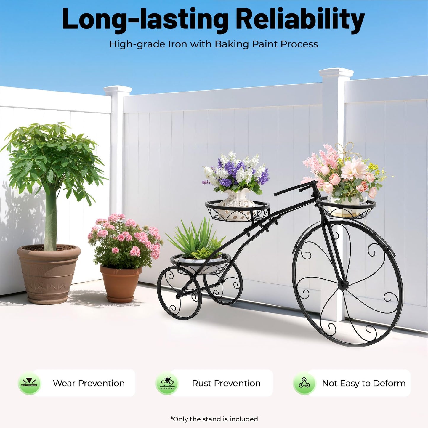 YUASDUU Tricycle Plant Stand, 3 Tier Flower Pot Cart Holder Metal Bicycle Planter Parisian Style Flower Display Stand Cart for Home Decor Patio Garden Flower Shop Indoor Outdoor