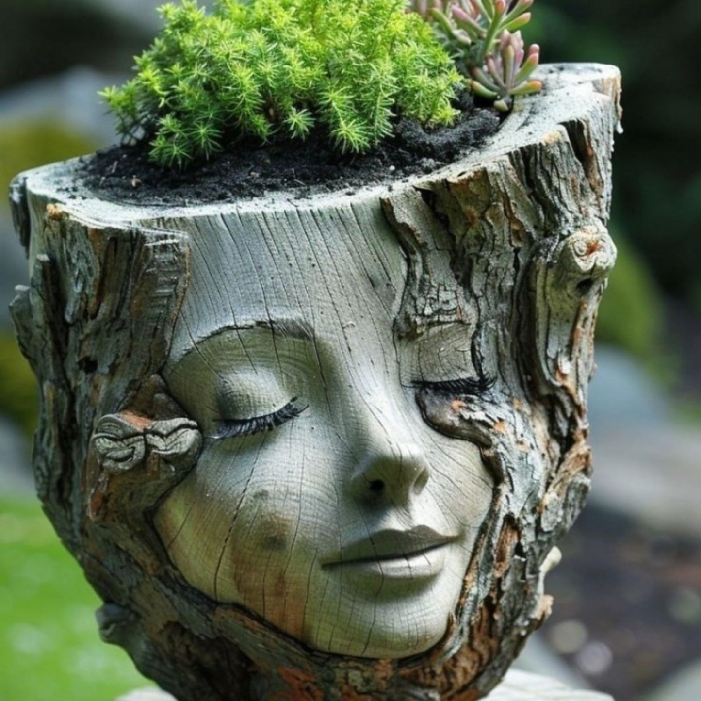 QIYUNI Handmade Resin Face Stump Girl Succulent Planter Pastoral Healing Courtyard Balcony Ornament Indoor Outdoor Decor Gift